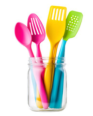 Colorful Kitchen Utensils in Glass Jar Still Life on White or Transparent