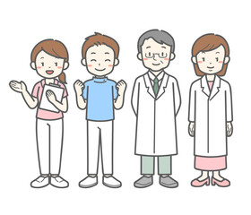 先生と看護師の男女セットイラスト／教育と医療の人物素材・制服キャラ4人セット　医療チーム・スタッフ