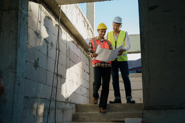 Civil engineer with personal safety equipment checking and consult with construction site foreman...