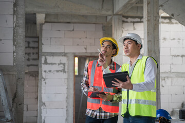 Civil engineer with personal safety equipment checking and consult with construction site foreman...