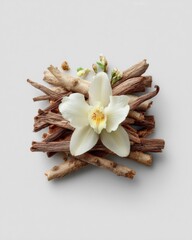Vanilla orchid blossom on sandalwood sticks overhead studio shot fragrance ingredient aromatherapy spa product beauty concept