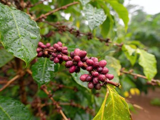 Close up of coffee cherries ripening on the branch in a lush green coffee plantation wet with rain in Costa Rica