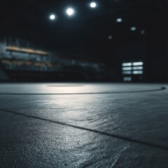 Low angle view of wrestling mat in dark gymnasium with blurred bleachers and overhead lights for competition training