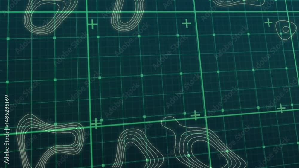 Poster digital mapping interface showing neon green grid with nodes and contour loops over teal backdrop