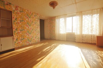 Bright and Spacious Empty Room with Floral Wallpaper and Windows