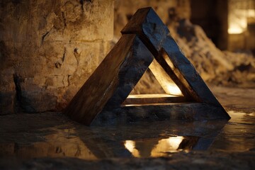 Intricate wooden triangle lamp fixture in a dimly lit space.