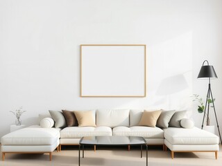 Living room wall art mockup with minimalist design, featuring a preview of a sleek and modern artwork, design, decoration, interior