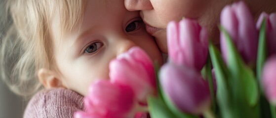 Close up of mother kissing daughter near pink tulips in soft light for Mother's Day or spring celebration