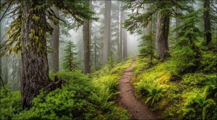 Misty forest trail winding through lush greenery (7)
