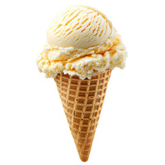 Creamy vanilla ice cream served in a crispy cone perfect for a hot summer day outdoors on transparent background