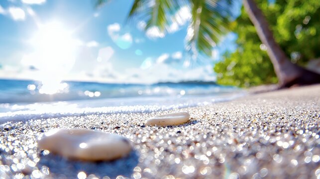 Beach Scene with Ocean Waves, Stones, and Palm Trees Under the Sunlight