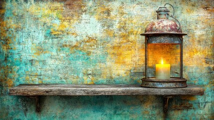 Rustic Lantern with Candle on Weathered Wooden Shelf Against Colorful Background