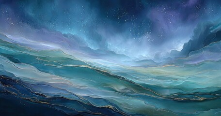 Fototapeta premium Abstract landscape of layered, flowing, teal and deep blue, with gold accents. Misty, starry night sky above undulating hills