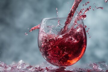 Red wine pouring into glass causing splash and bubbles against grey background close up studio shot