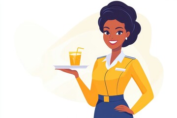 Cheerful Female Server with Drink Offering Service in Uniform
