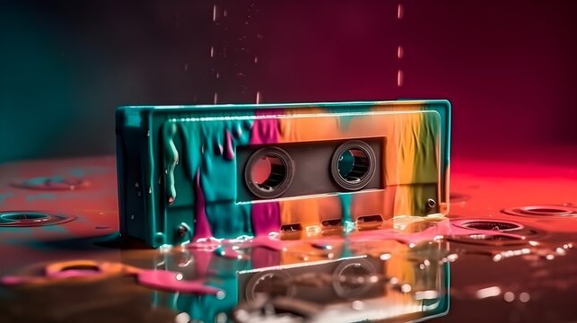 Vintage cassette tape melting into musical colors, retro music theme - Powered by Adobe