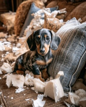 Mischievous dachshund puppy sitting amidst destroyed pillows on sofa looking guilty indoor portrait cute dog pet home