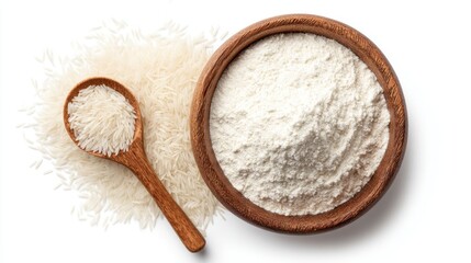 Rice and Rice Flour Still Life Overhead Shot on White Background in Studio Lighting for Food Photography