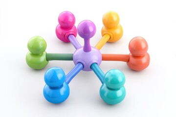 Colorful Network of People Connecting to Central Hub on White Background Studio Shot Symbolizing Teamwork