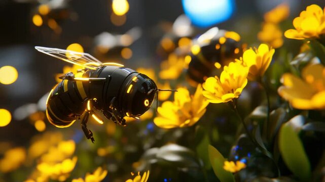 Robot bee slowly flies to yellow flowers