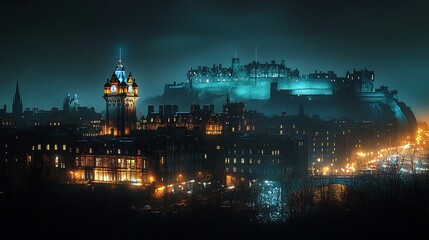 Naklejka premium Edinburgh Castle Night: Illuminated Cityscape and Clock Tower