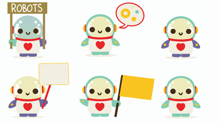 Collection of cute cartoon robots with different accessories and expressions on a white background