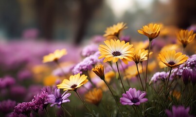 Field of orange daisies and purple clover bloom in a dreamy, bokeh background
