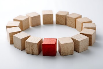Unique Red Wooden Block Stands Out Among Many Natural Wooden Cubes Arranged in a Circle on a White Background