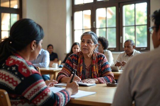 Senior Indigenous Woman Community Advocate, Aged 60s, Engaging in a Critical Discussion on Ethically Implementing Artificial Intelligence for her Community's Benefit