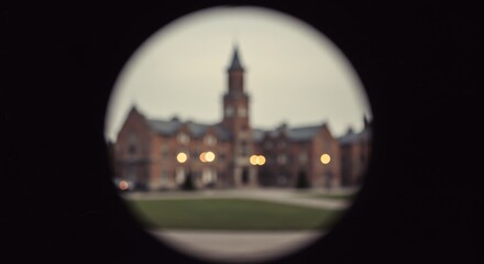 Obraz premium Blurred view of historical brick building through circular aperture