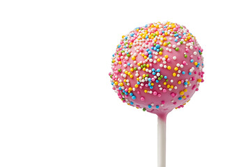 Pink cake pop with sprinkles on a White or Transparent background for dessert