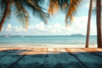 Fototapeta premium View of tropical beach with calm blue sea, palm trees, and wooden surface in foreground under warm sunlight