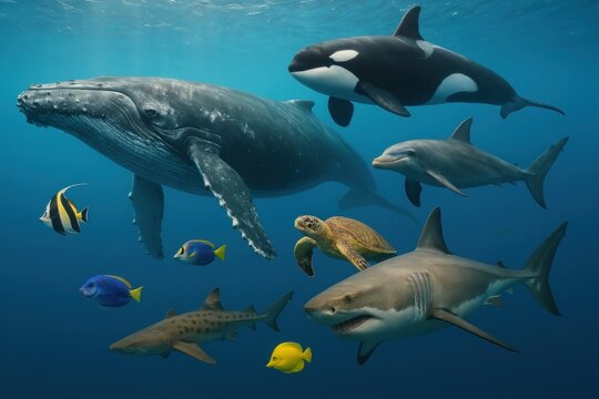 Diverse marine life underwater scene.