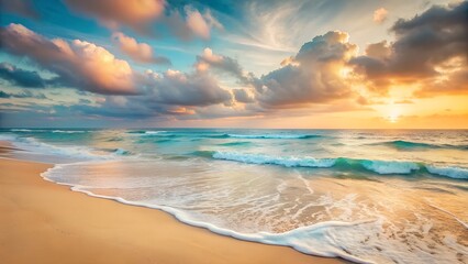 Serene Sunset Beach Scene with Gentle Waves and Colorful Clouds