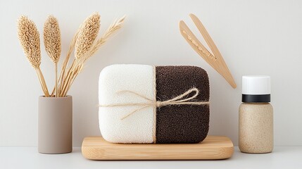 Sustainable Skincare Products in Linen Packaging on Wooden Surface