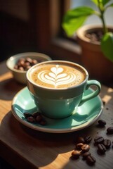 Aromatic coffee beverage with delicate latte art, served in a teal cup and saucer, accompanied by roasted coffee beans on a wooden surface, bathed in sunlight.