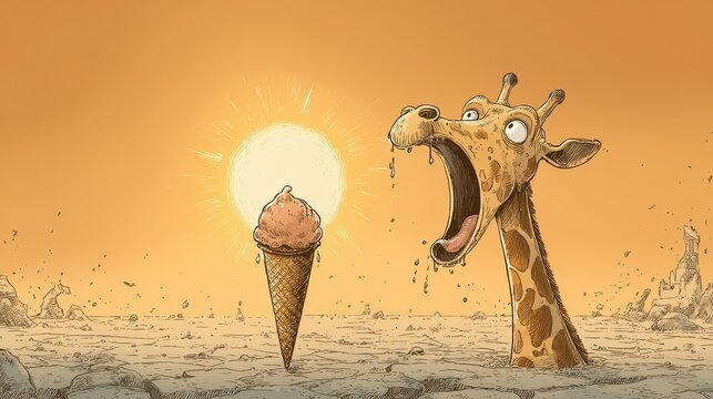 A thirsty giraffe and a melting ice cream cone in a cracked desert.
