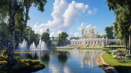 Naklejka premium Serene Palace by the Lake: A Sunlit Baroque Masterpiece