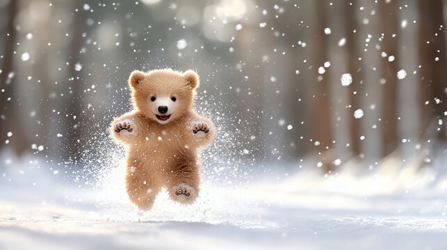 Bear Cub Jumping in Winter Snow