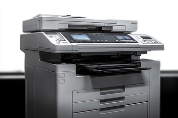 Modern multifunction office printer and copier machine with digital display and paper trays on a white background