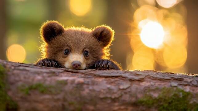 Bear Cub Peeking Over Log at Sunset