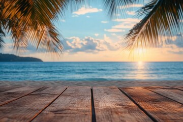 Serene sunset view over calm ocean with wooden deck foreground framed by palm leaves