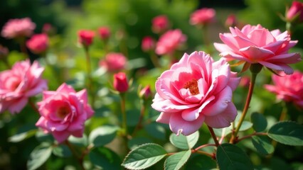 A vibrant close-up showcasing delicate pink roses in full bloom, surrounded by lush green foliage, bathed in sunlight