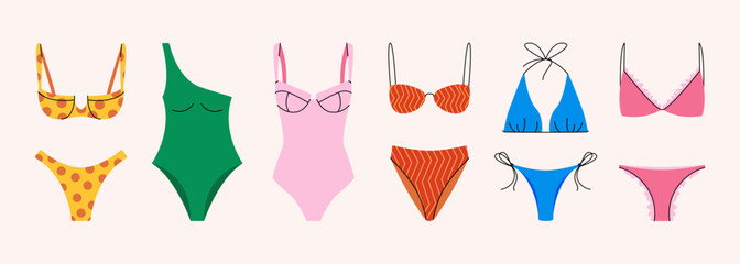 Swimwear set. Woman bikini swimsuit beachwear, summer bathing clothes, flat swim wear bra panties, cartoon fashion beach wear lingerie. Vector colorful swim suit collection