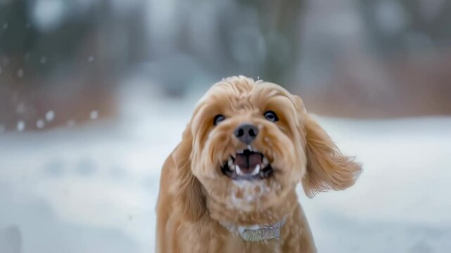 Energetic cavapoo dog leaping through pristine white landscape, fur billowing, capturing pure canine joy mid-motion with scattered snow particles