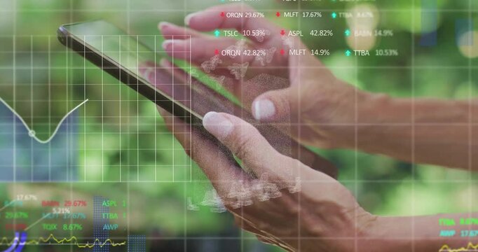 Female hands holding smartphone in garden, showing animated grid with financial charts and arrows