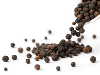 Falling black pepper isolated on white background. A spoonful of black pepper is being poured over a pile of black pepper.