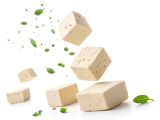 Falling tofu isolated on white background. A pile of tofu with green leaves scattered around it. The tofu is cut into small cubes and falling.