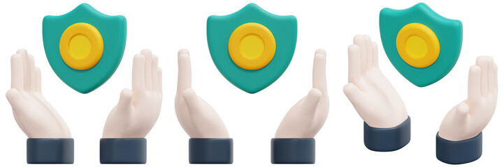 Set of Hands Protecting a Teal and Yellow Shield 3d Render Icon Illustration