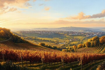 Fototapeta premium Vineyard landscape at sunset with rolling hills and distant town under a partly cloudy sky